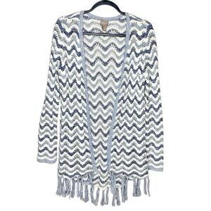 Chico’s Blue White Knit Fringe Cardigan Sweater Boho Coastal Grandma Chic